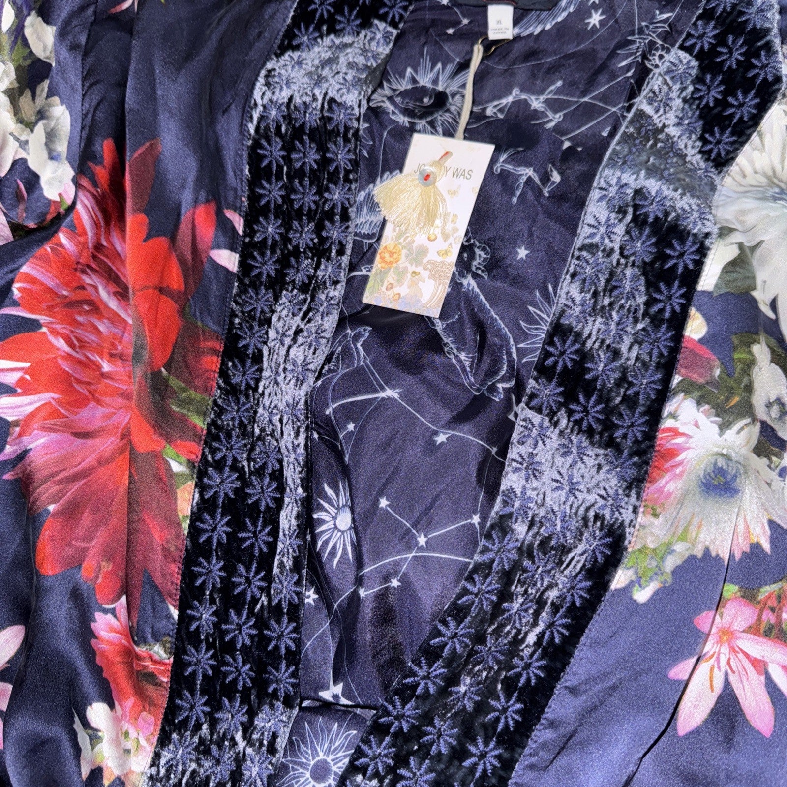 Johnny Was XL Velvet & Silk Lined Long Kimono Duster Wrap Jacket Coat Pocket Johnny Was