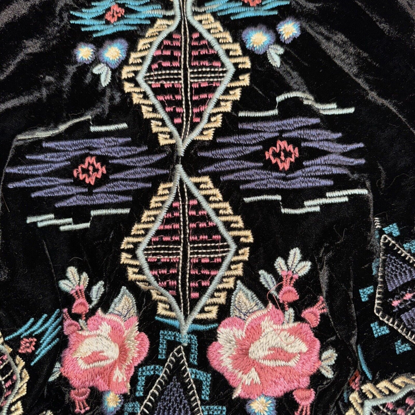 Johnny Was Black Velvet XL 1X Aztec Kimono Wrap Duster Jacket Coat Cardigan