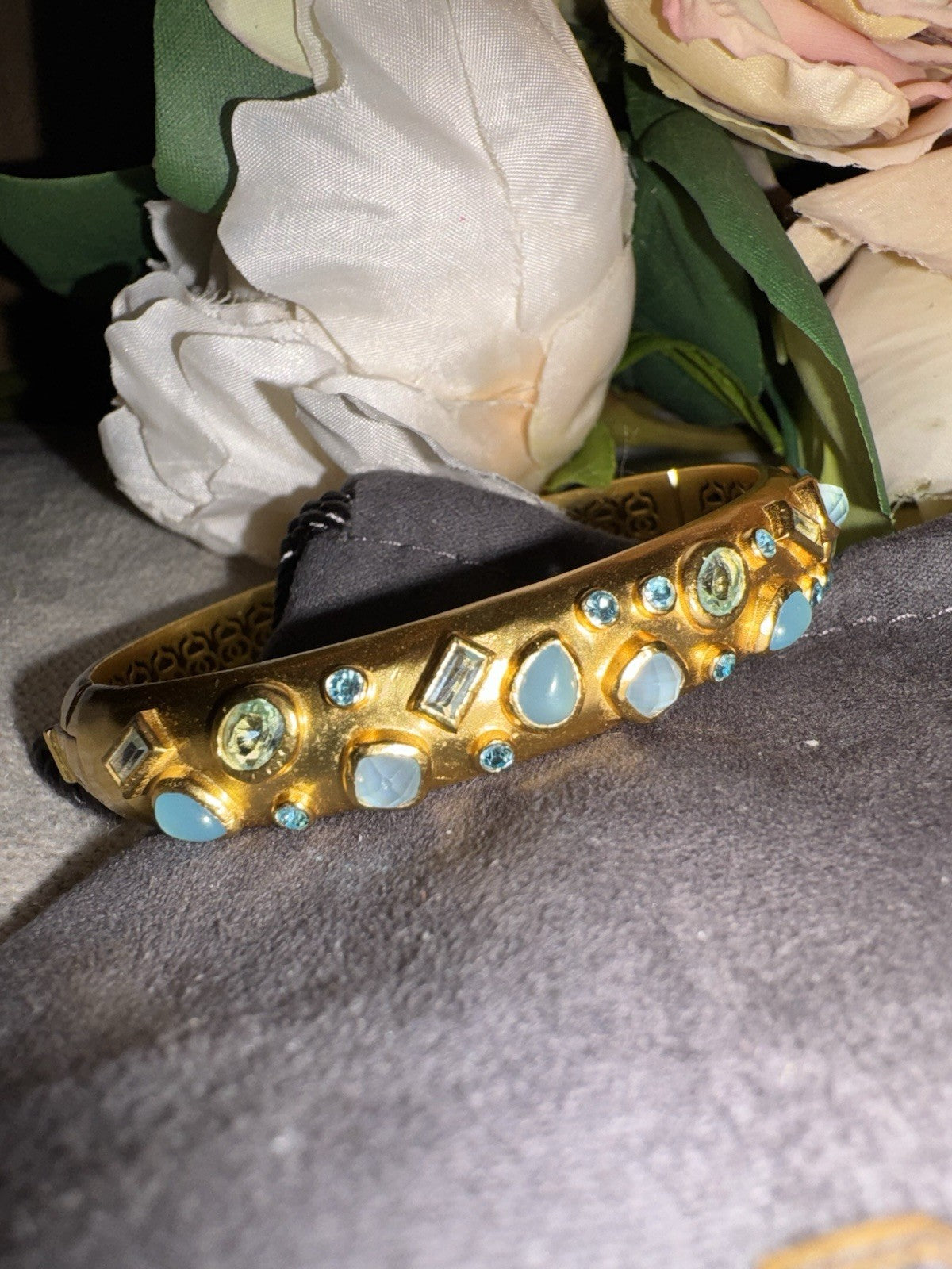 Julie Vos Hinged Bangle Bracelet Blue Iridescent Stones 24k Plated Julie Vos