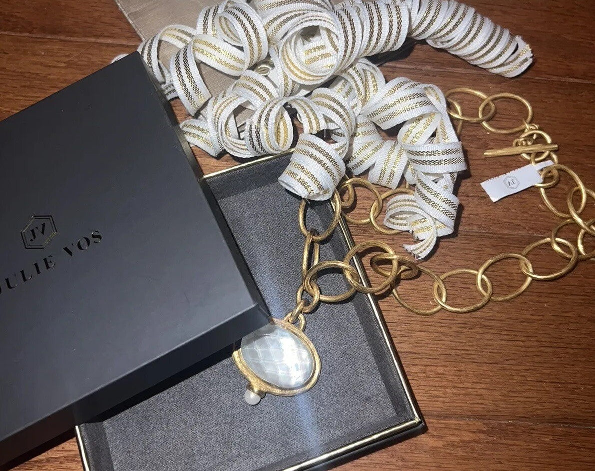 Julie Vos Statement Necklace Iridescent White Pendant 24k Plate Toggle Link Julie Vos