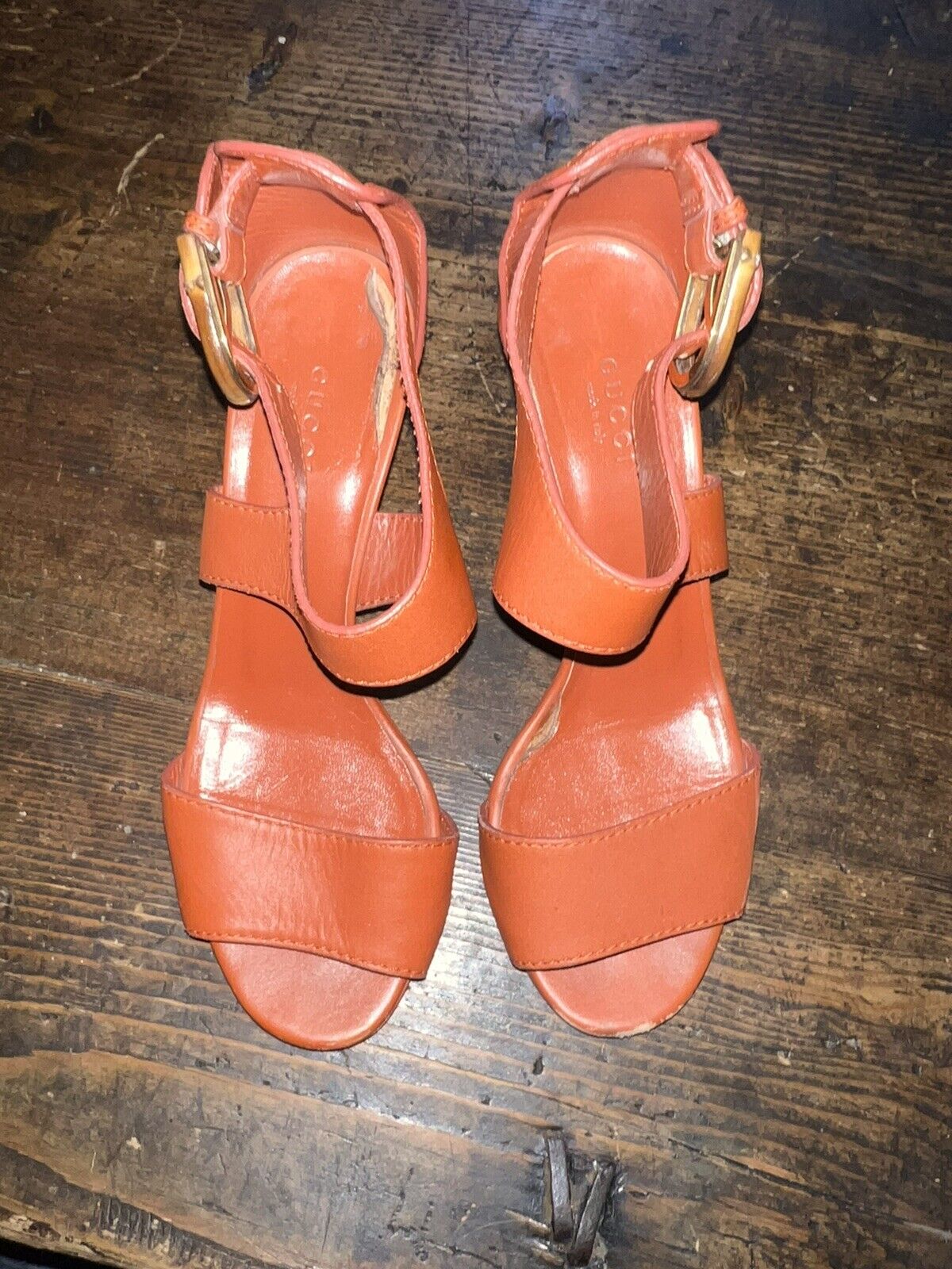 Gucci Vintage Leather and Bamboo Heels Orange Red Shoes sz 37 AUTHENTIC