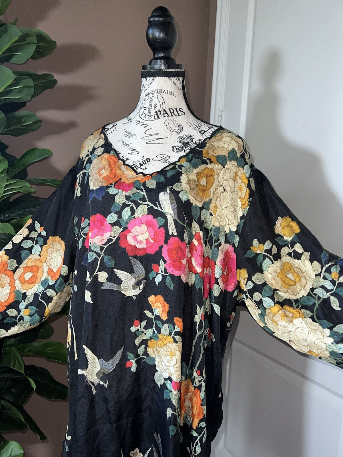 100% Silk Johnny Was Black Tunic Top Or Mini Dress XXL 2X 2XL Birds & Flowers Johnny Was