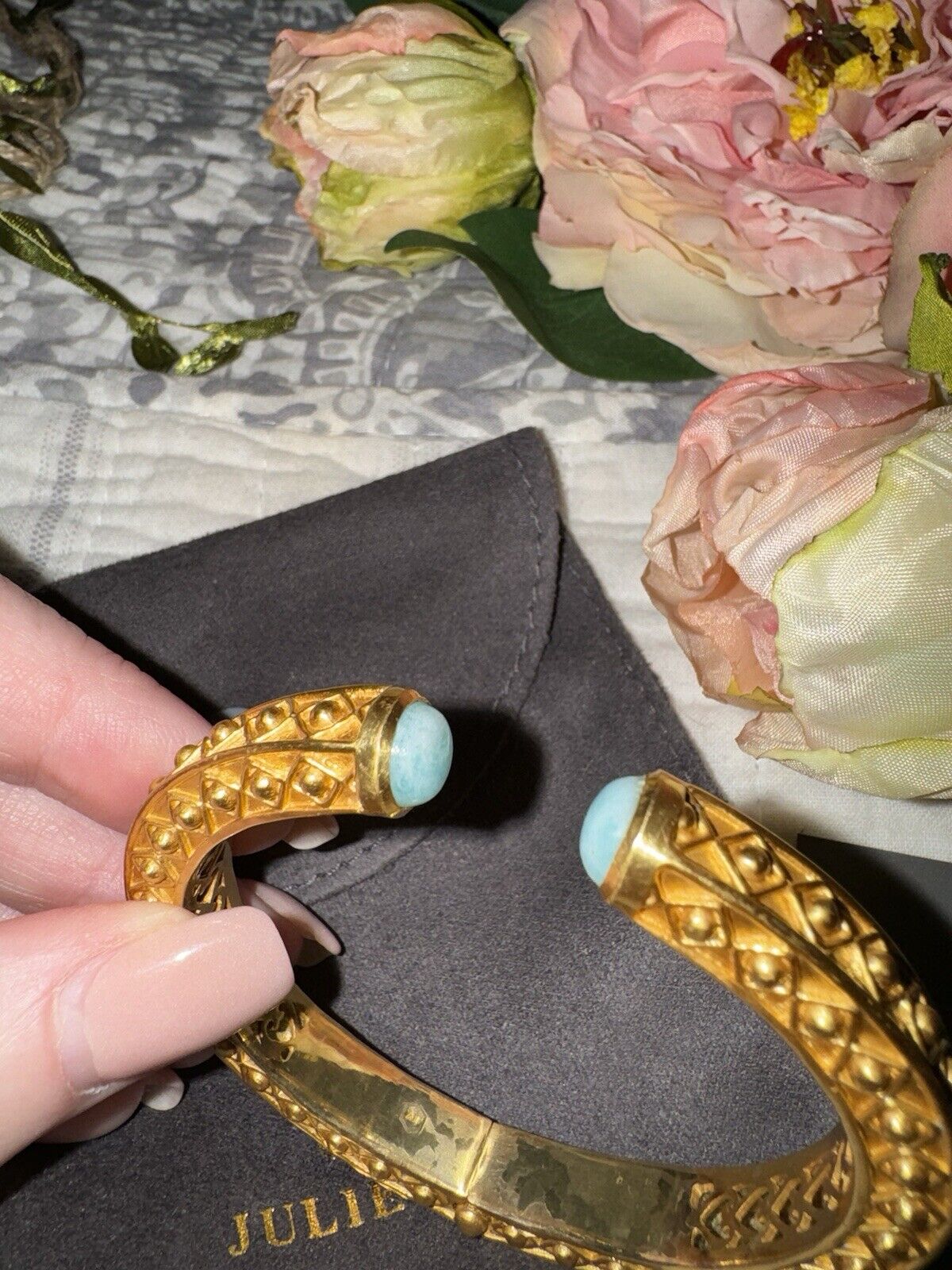 Julie Vos Cuff Hinged Bangle Bracelet 24k Gold Plate & Turquoise Blue Stone RARE