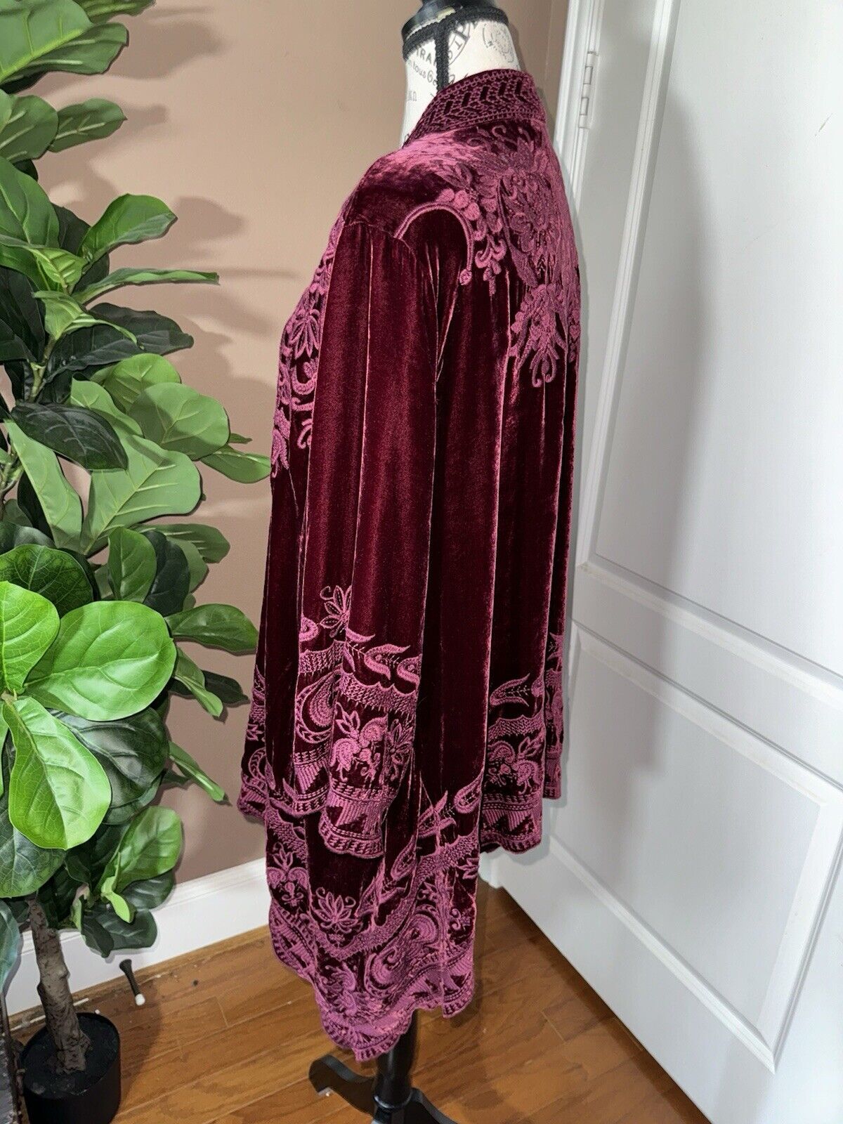 Johnny Was Burgandy Wine Velvet & Embroidered Top Kimono Wrap Duster XL 1X