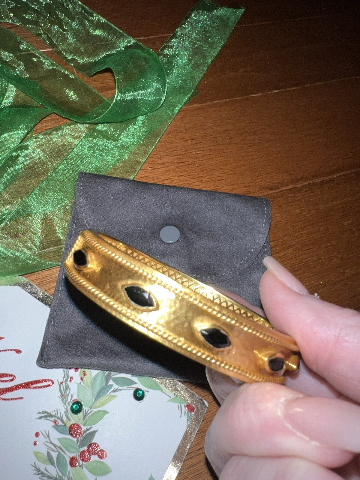 Julie Vos Hinged Cuff Bangle Bracelet Obsidian 24k Gold Plate Julie Vos