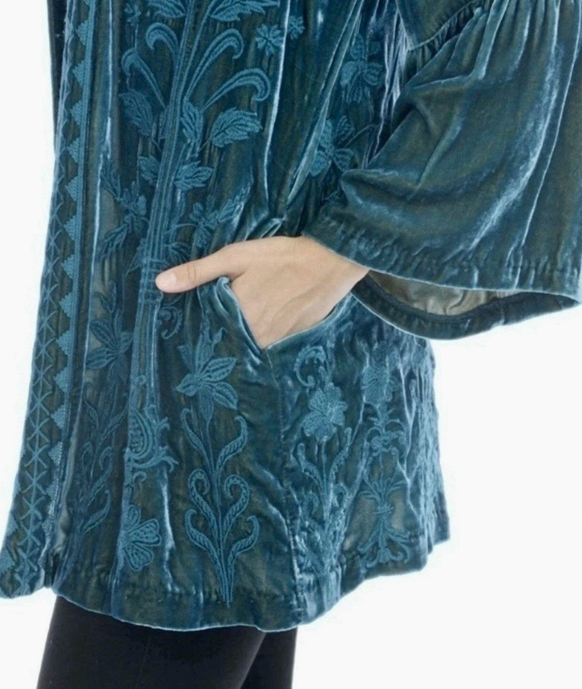 Johnny Was L Teal Green Velvet Kimono Duster Wrap Jacket Coat LUXE Embroidery Johnny Was