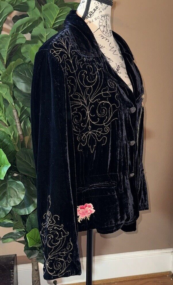 Johnny Was XL Black Velvet Jacket Coat Blazer Silk Lined Embroidered Kimono