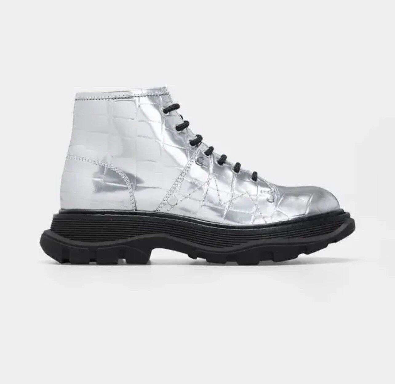 Alexander McQueen Patent Animal Print Combat Boots Silver 39.5 $1050 Retail