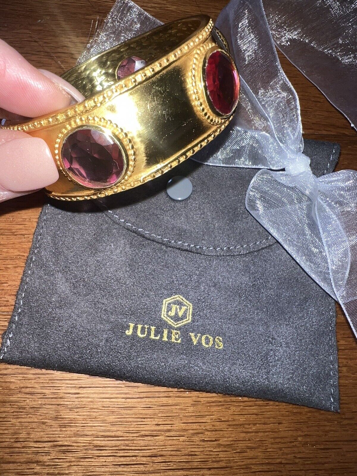 New Julie Vos Bangle Cuff Hinged Bracelet With Wine Colored Stones 24k PlateNWOT