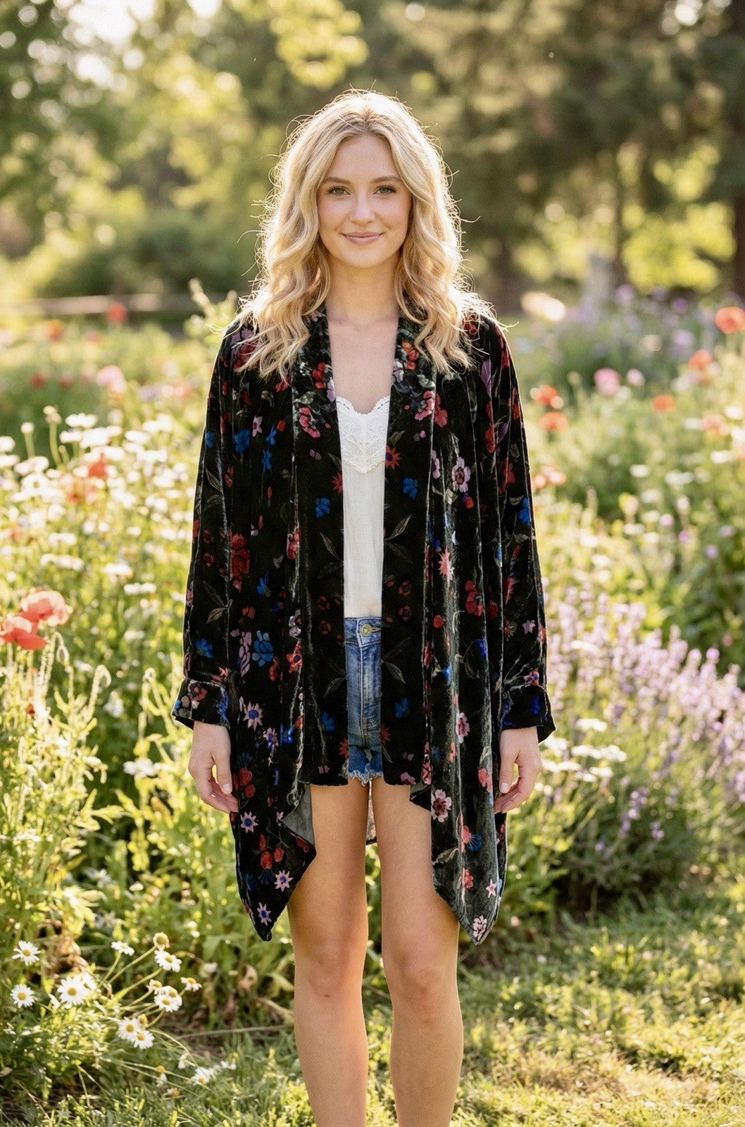 Johnny Was 3X Plus Black & Red Velvet Kimono Wrap Floral Cardigan Jacket Johnny Was