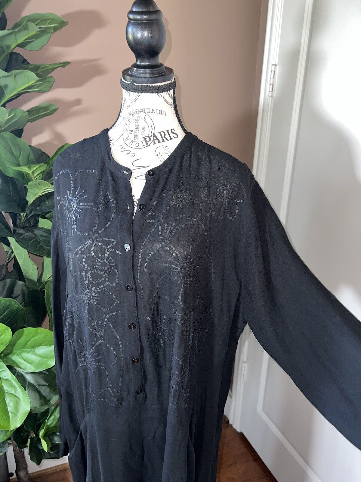 Johnny Was Black XL 1X Maxi Dress Long Flowy Handkerchief Hem Sequins