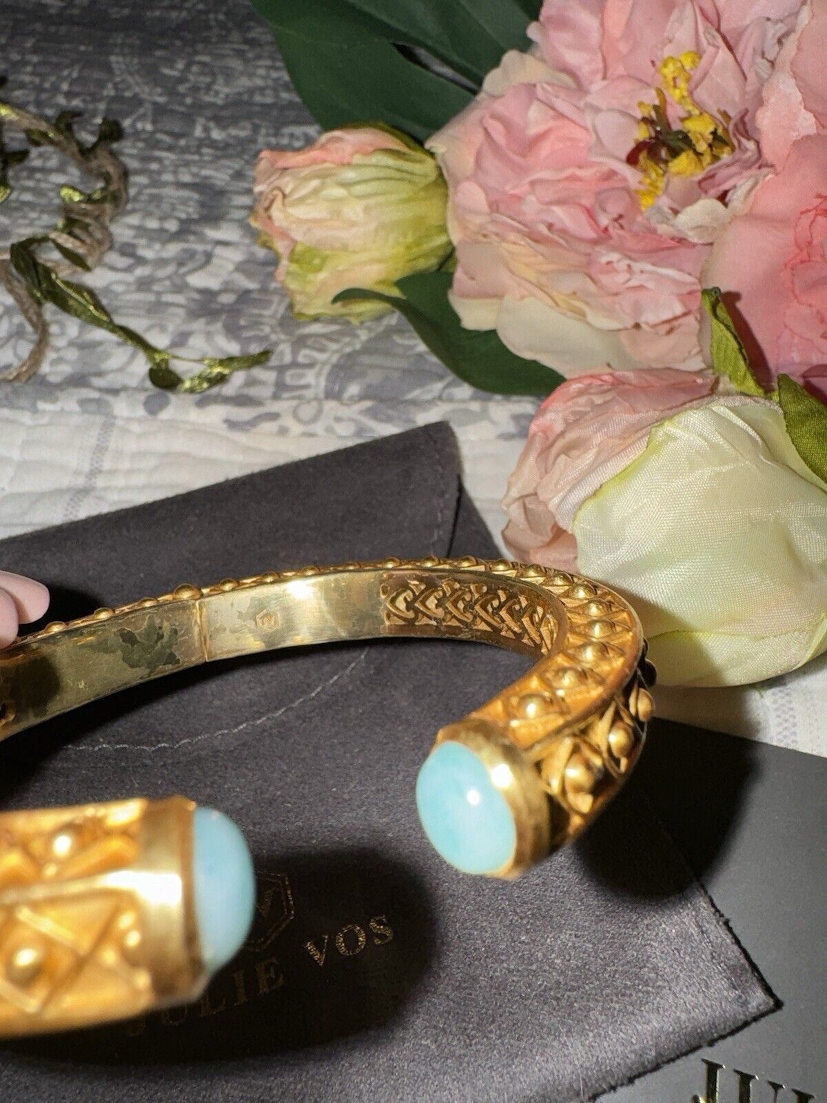 Julie Vos Cuff Hinged Bangle Bracelet 24k Gold Plate & Turquoise Blue Stone RARE