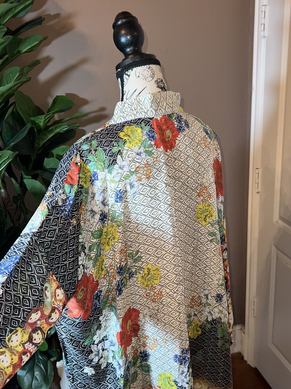 Johnny Was Russian Nesting Dolls 100% Silk Blouse Top Tunic L  Large OVERSIZED