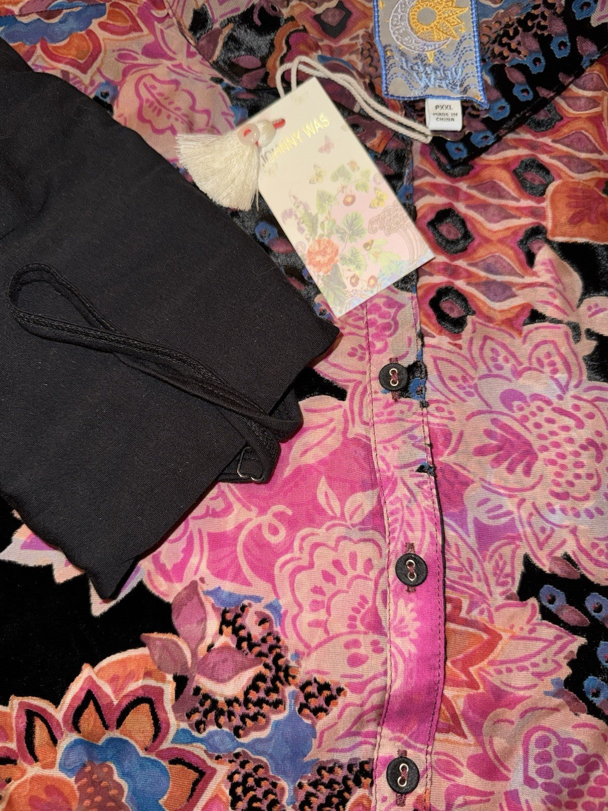 Johnny Was PXXL Petite Burnout Velvet Blouse Pink & Red Button Up Tunic Top Johnny Was