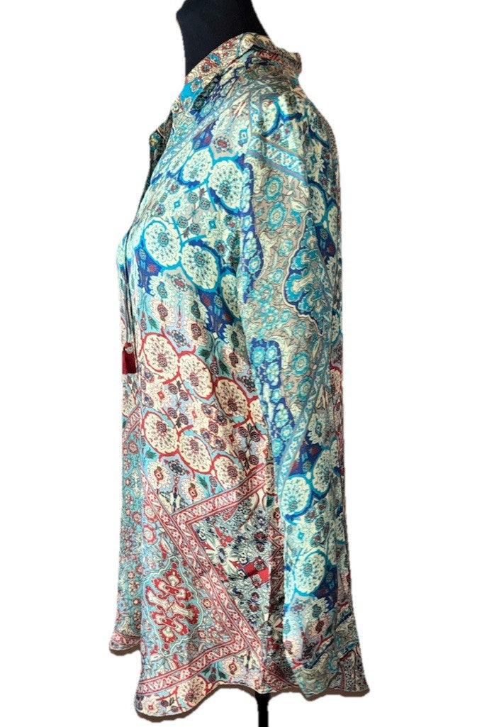 Johnny Was L 100% Silk Button Up Blouse Tunic Top Long Sleeve Lightweight Cool Johnny Was