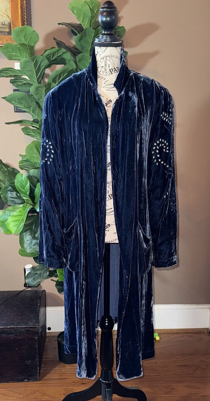 Johnny Was M Blue Velvet Long Kimono Duster Wrap Coat Eyelet Lace Cutout