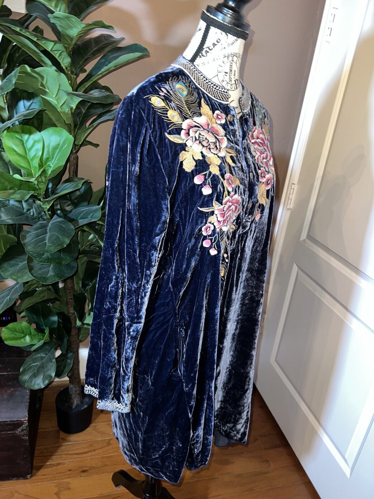 Johnny Was XL 1X Blue Velvet Kimono Mini Dress Peacock Feather Embroidery