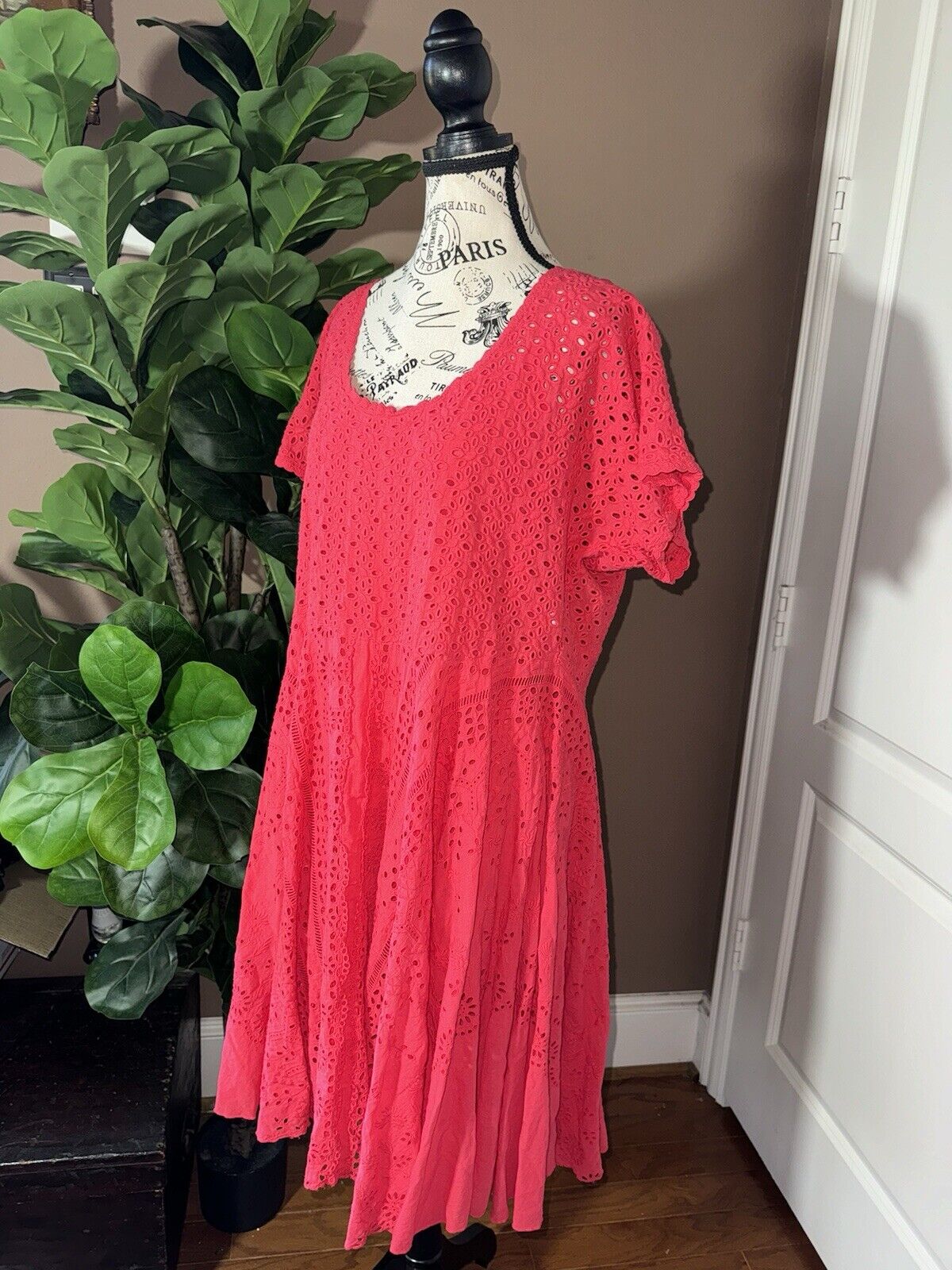 Johnny Was Sz 1X XL Red Dress & Slip Eyelet Lace Knee Length Mini Dress SO CUTE