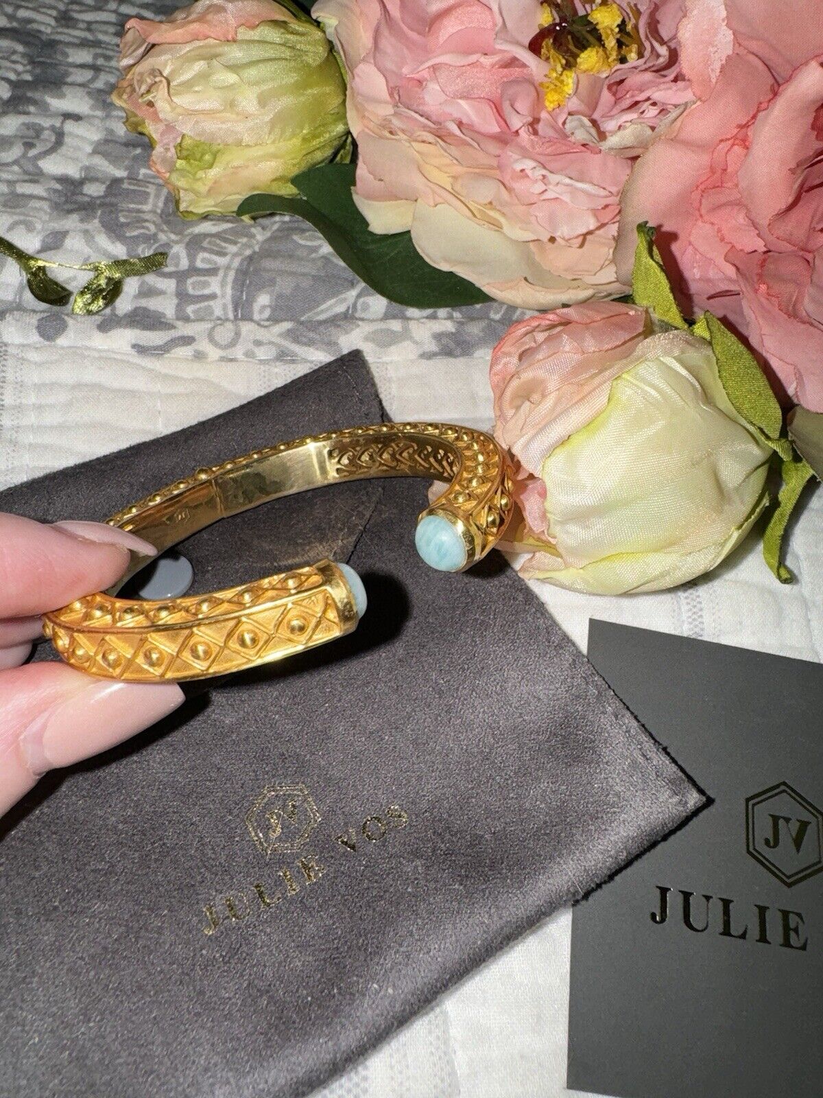 Julie Vos Cuff Hinged Bangle Bracelet 24k Gold Plate & Turquoise Blue Stone RARE