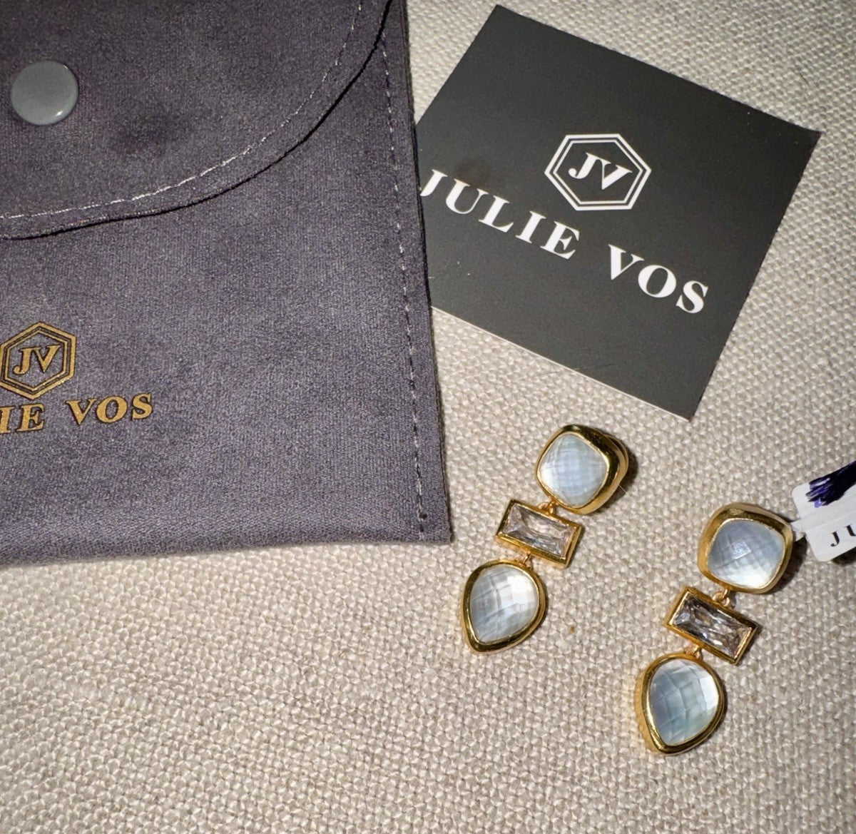 Julie Vos Iridescent Clear White Drop Earrings 24k Gold Plated   STUNNING Julie Vos