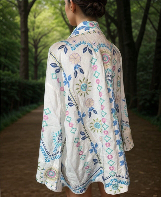 Johnny Was 3X White Linen Kimono Embroidered Blue & Pink Wrap Jacket