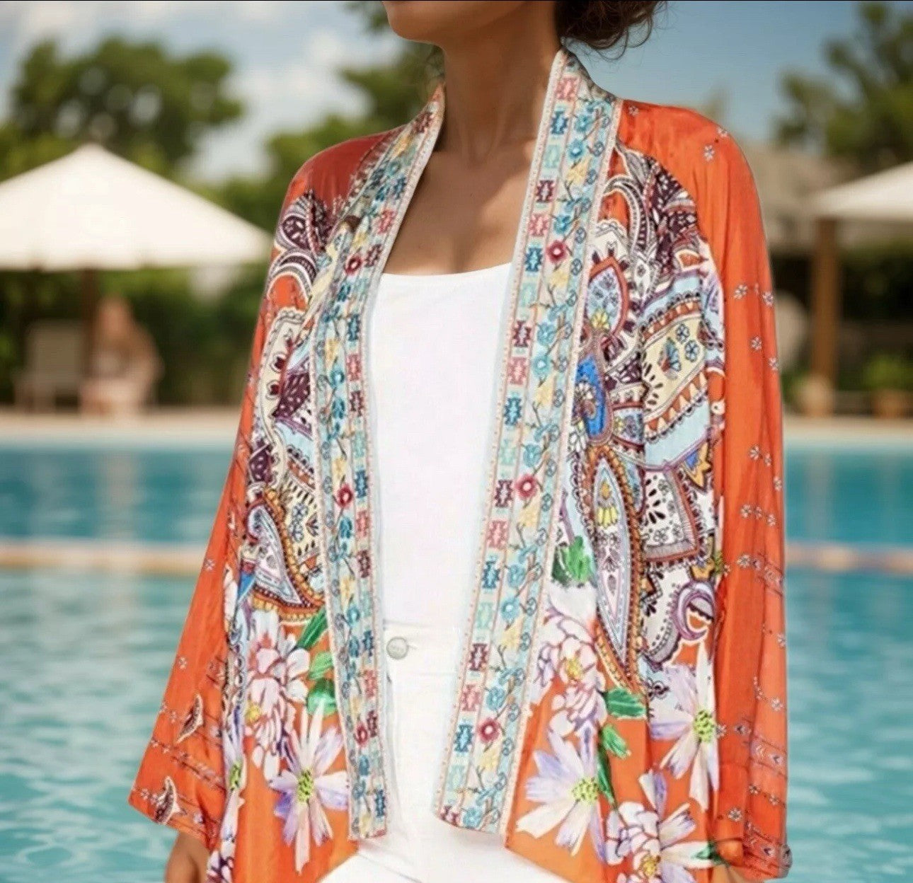 New Johnny Was 100% Silk Kimono XL Embroidered Floral Handkerchief Hem Johnny Was