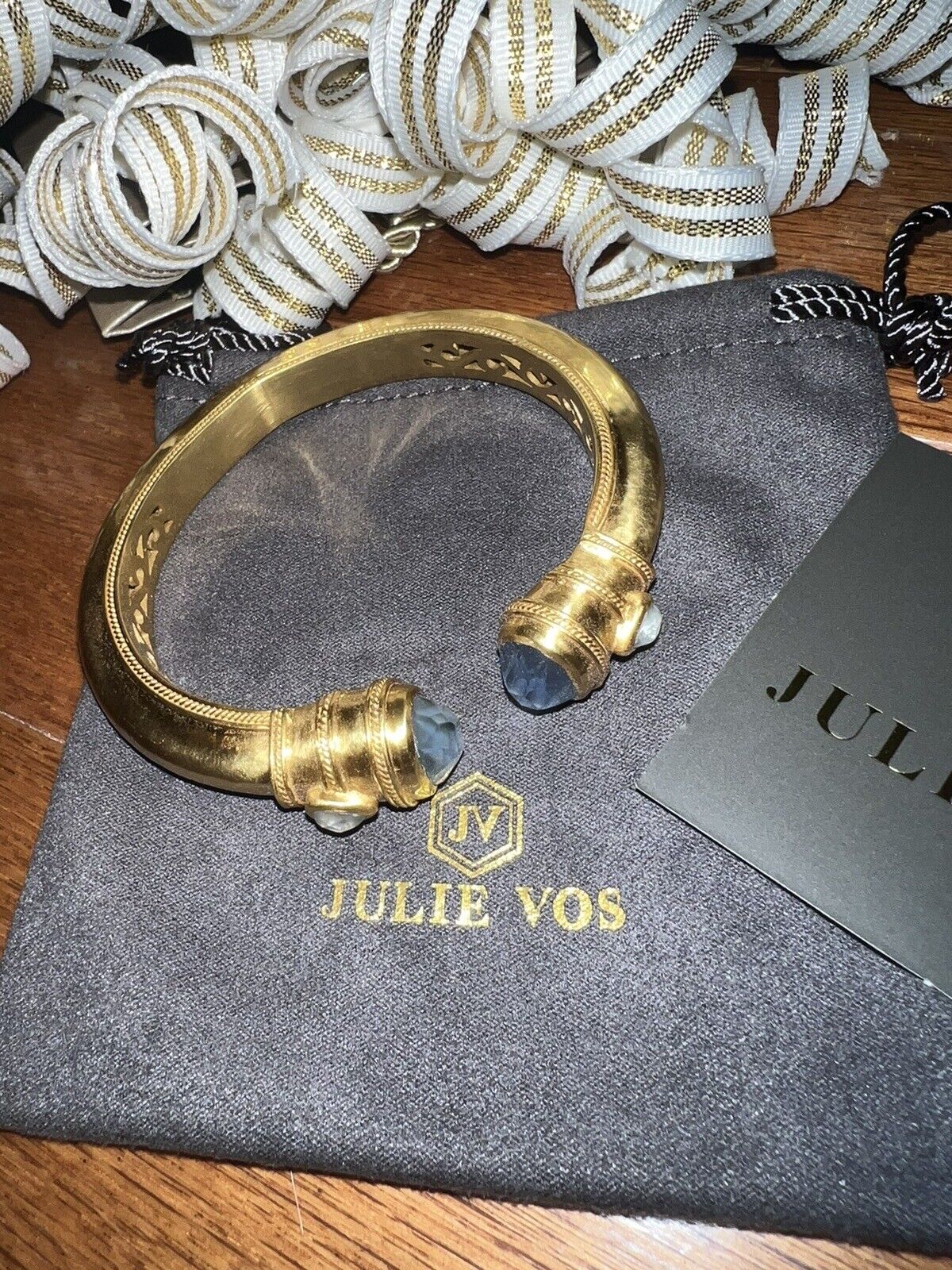 NEW Julie Vos Iridescent Charcoal Blue Hinged Bangle Cuff Bracelet 24k Plate NWO