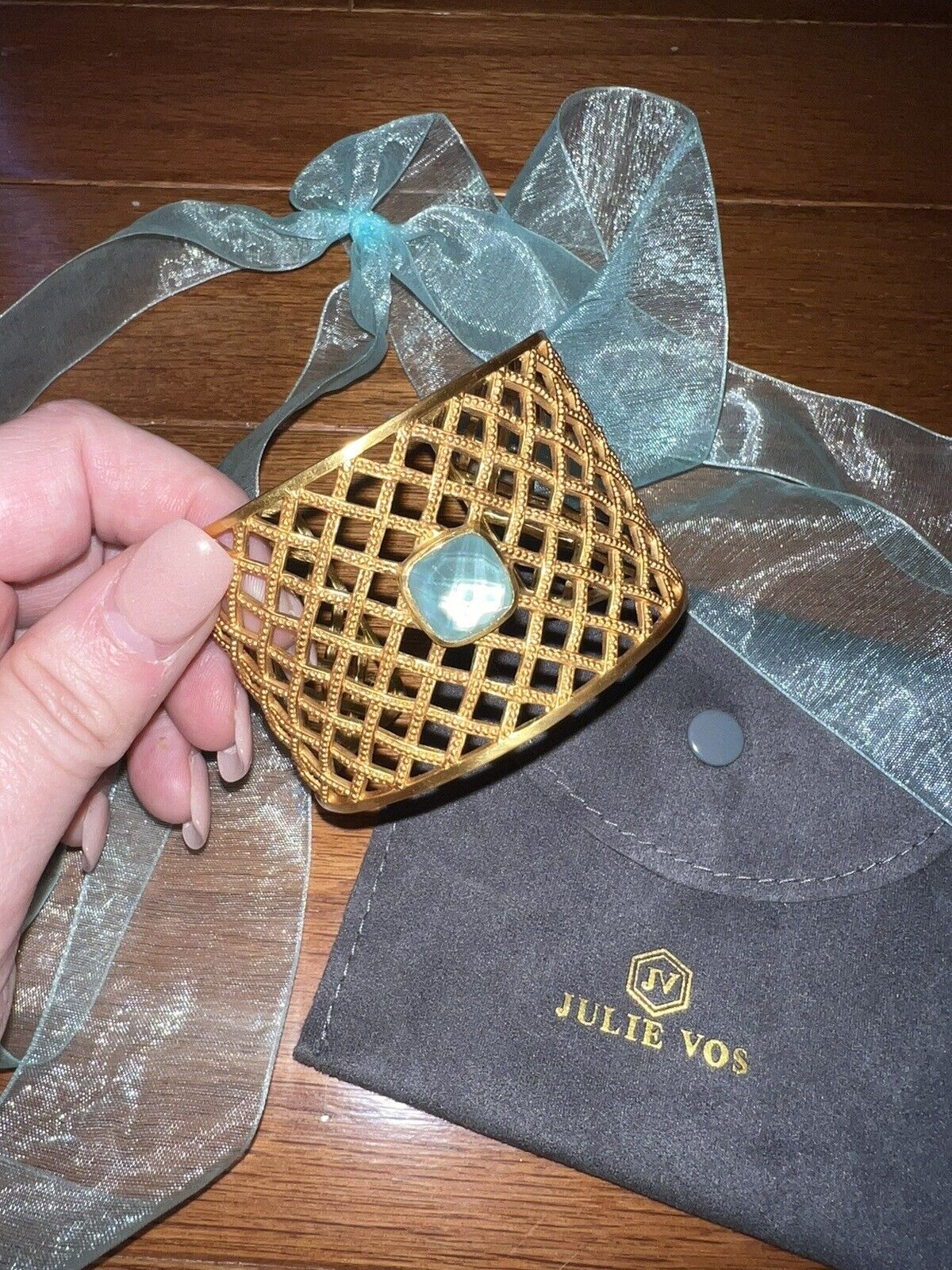 Julie Vos Basketweave Cuff W/ Iridescent Blue Stone Bracelet 24k Plate