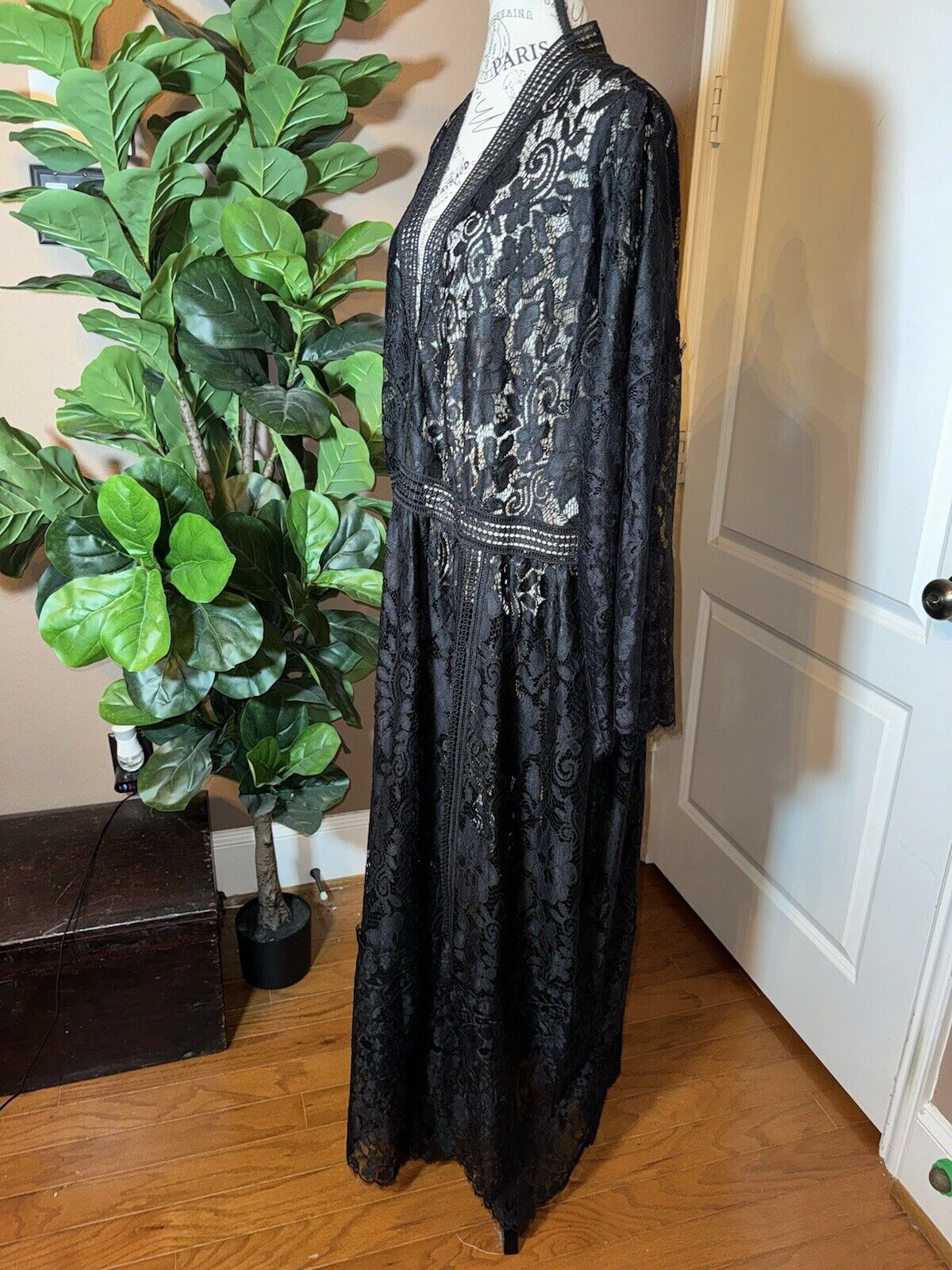 Johnny Was 2X 2XL Black Lace Long Maxi Dress Kimono Sleeves Empire Waist