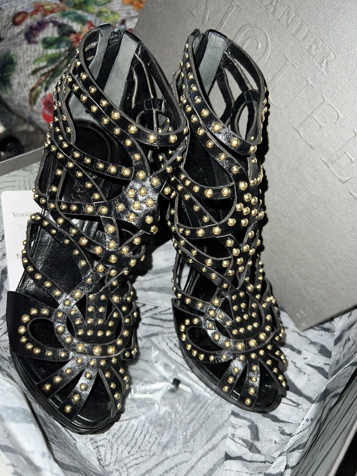 Alexander McQueen Studded Black Leather Cage Bootie IT 37 US 7 AUTHENTICATED