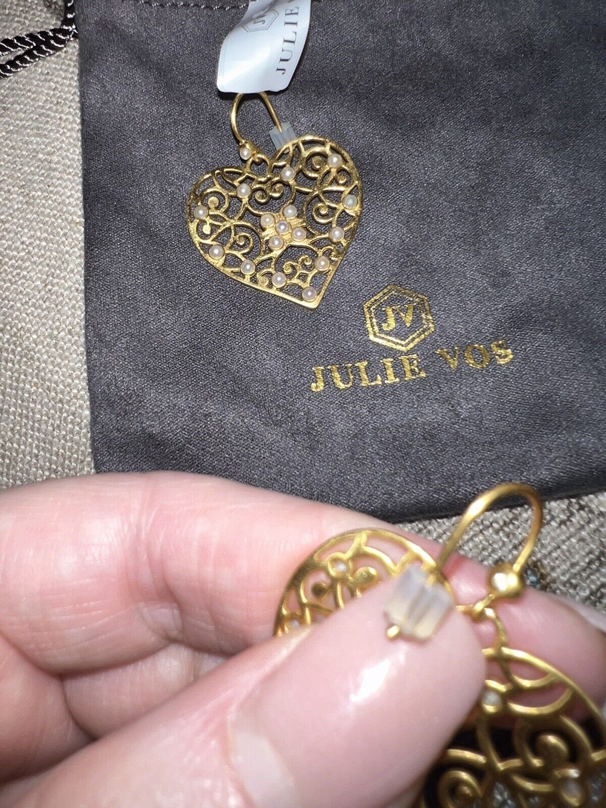 NEW Julie Vos New Pearl Embellished Heart Earrings 24k Gold Plate NWT