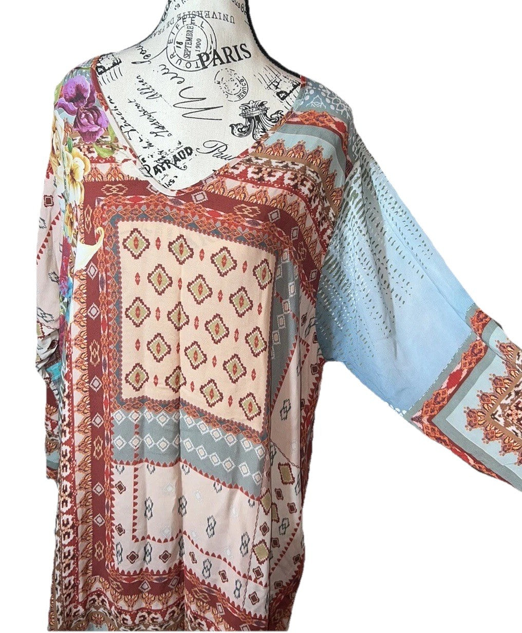 Johnny Was 1X Shift Mini Dress Tunic Top Lightweight Cool Soft Patchwork Johnny Was