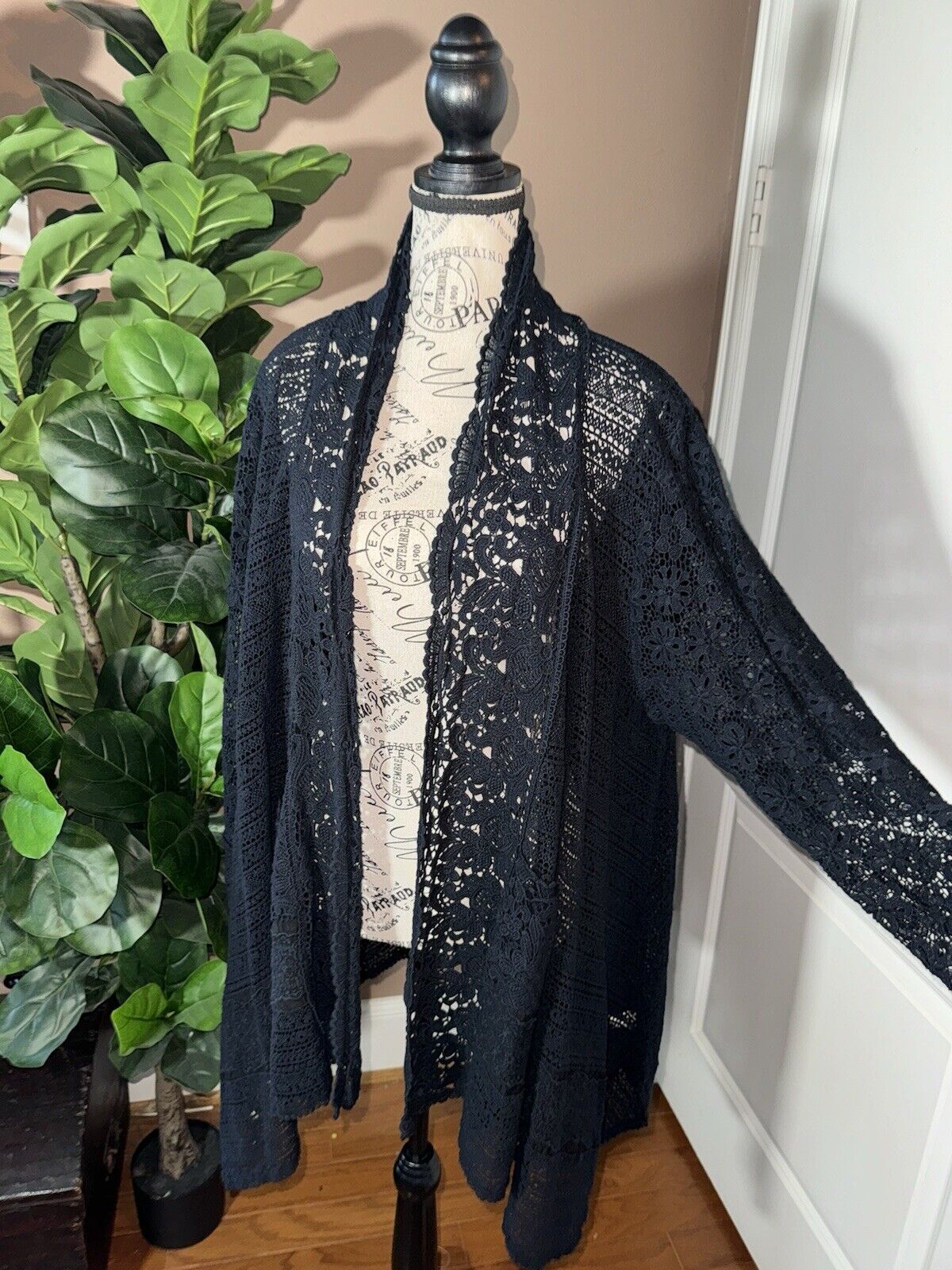 Johnny Was Sz 3X 3XL Black Crochet Long Sleeve Kimono Top Wrap Cardigan Jacket