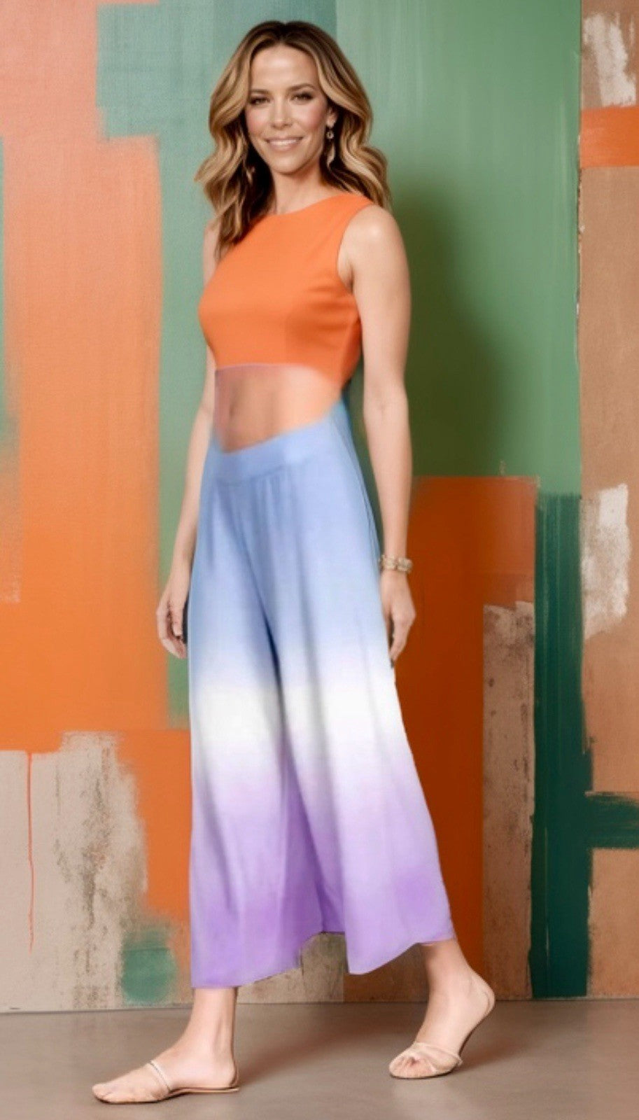 Johnny Was 3pc Set L Large Purple Whit Blue Dip Dye Kimono Tank & Wide Leg Pants Johnny Was