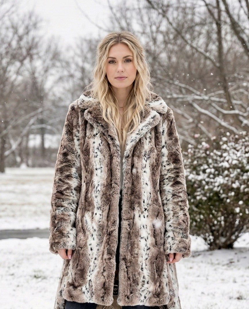 Johnny Was M Foxy Faux Fur Coat Jacket Wrap 100% Silk Lining Pockets Grey Brown Johnny Was