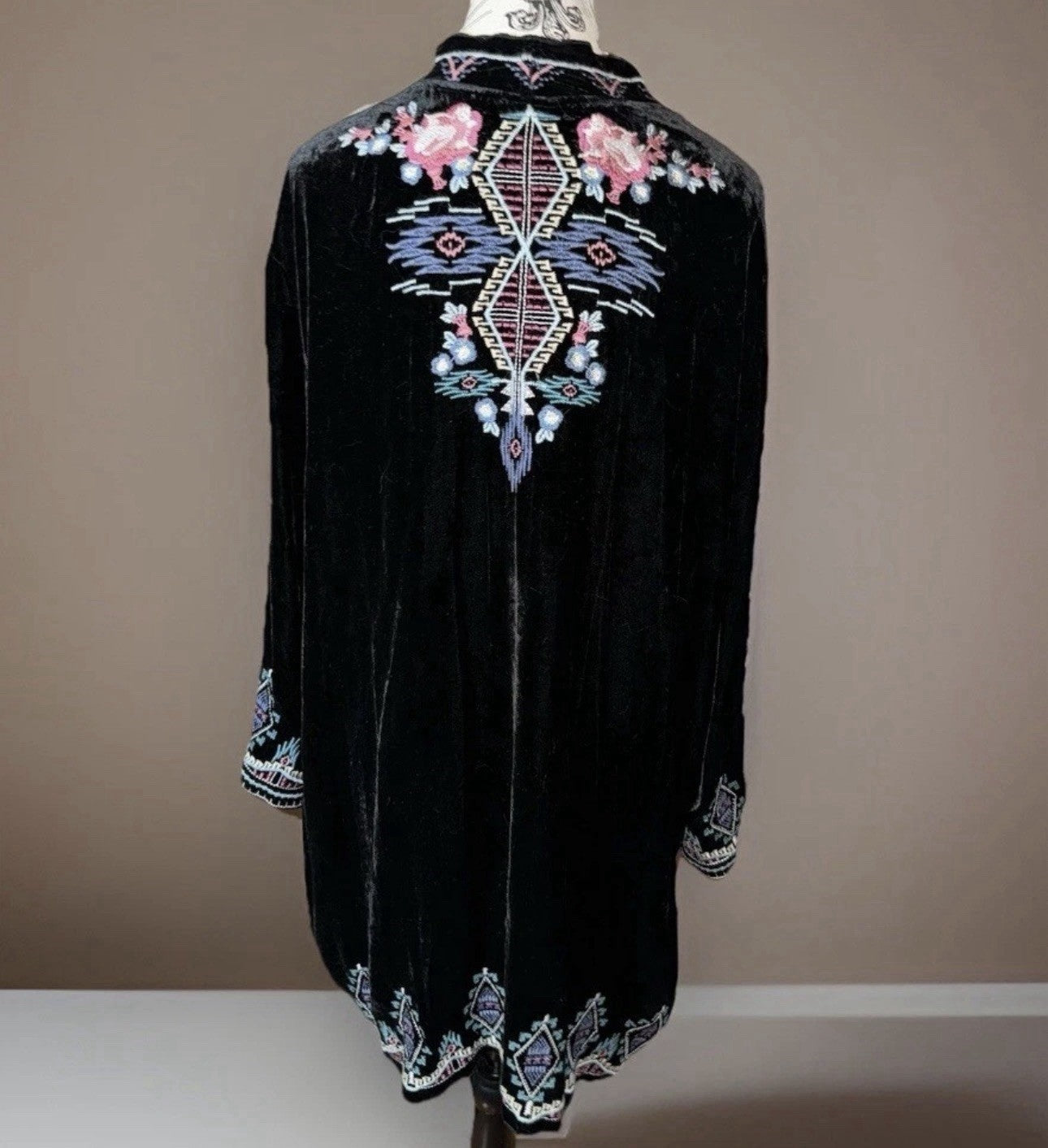 Johnny Was Black Velvet XL Kimono Wrap Duster Jacket Coat Cardigan Aztec Johnny Was
