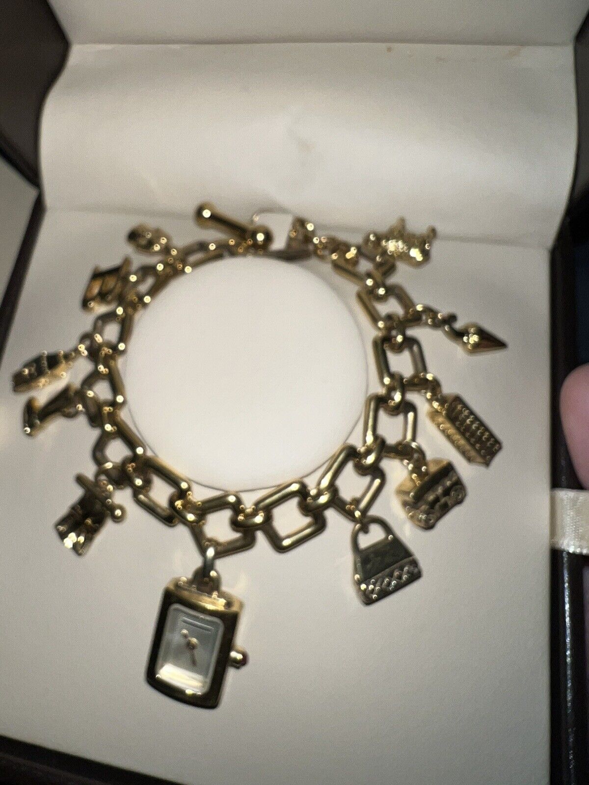 BURBERRY Gold Plated Charm Bracelet Watch RARE Box, Manuals, Tags Needs Battery