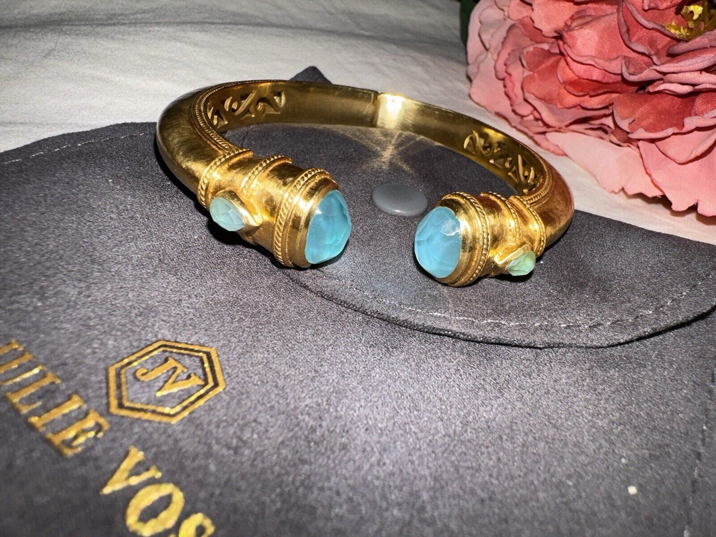 NEW Julie Vos Iridescent Blue Hinged Bangle Cuff Bracelet 24k Plated NWOT