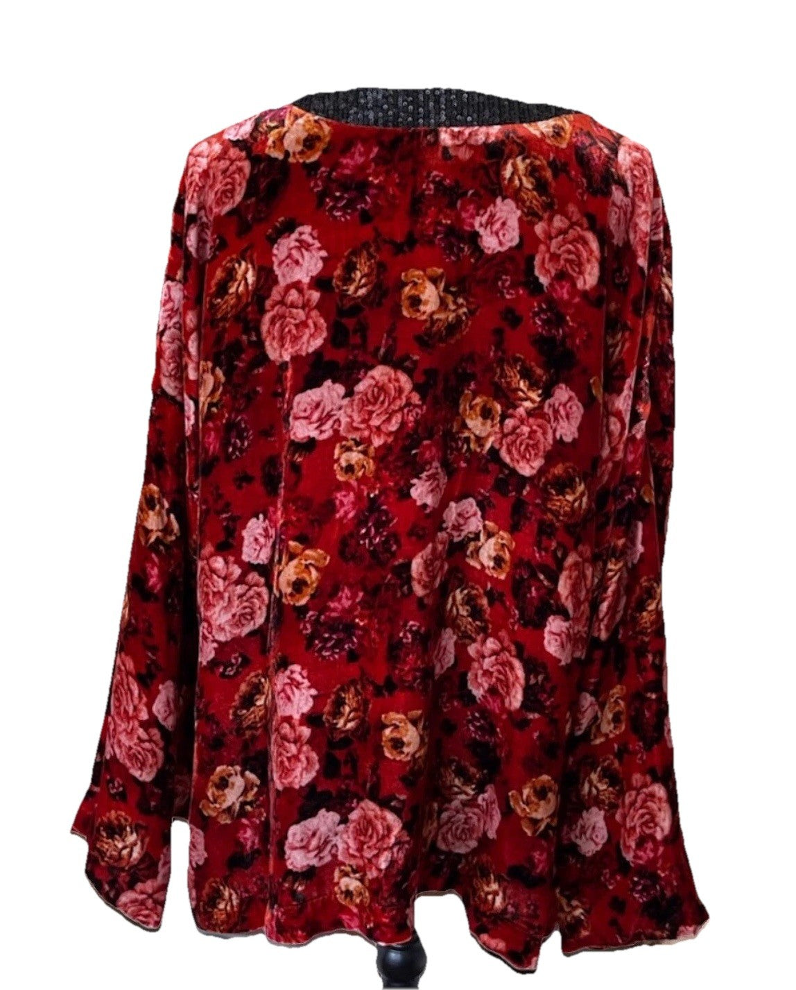 Johnny Was XL Red & Black Velvet Kimono Silk Lining Sequins Coat Jacket Johnny Was