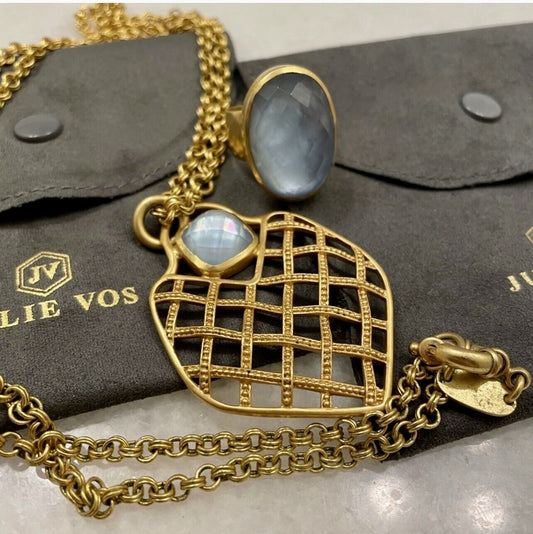 Julie Vos NECKLACE Basketweave 24k Gold Plated w/ Pendant Iridescent Blue Stone