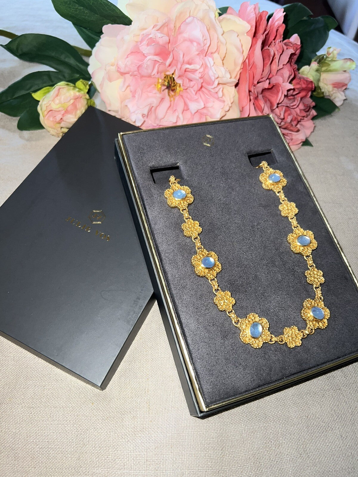Julie Vos Blue Flower Statement Necklace Toggle Link 24k Gold Plate Chain Julie Vos