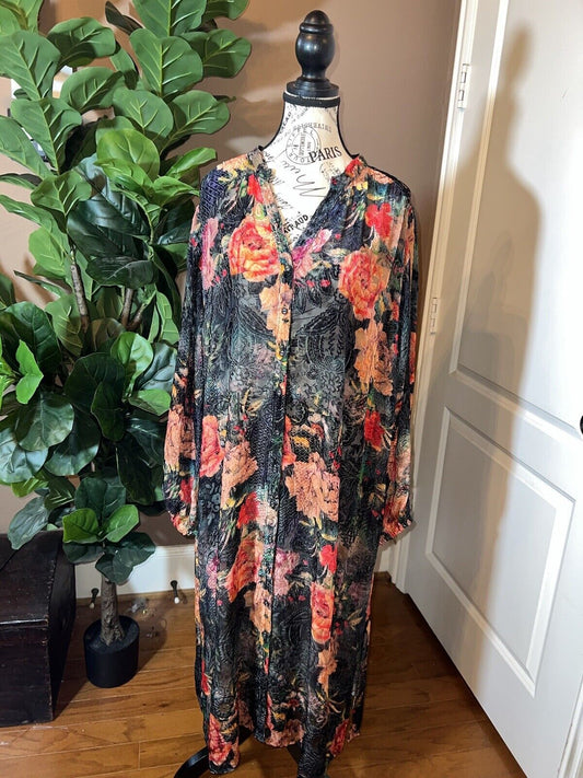 Johnny Was 1X XL Burnout Velvet Long Dress Kimono Duster Wrap Button Up