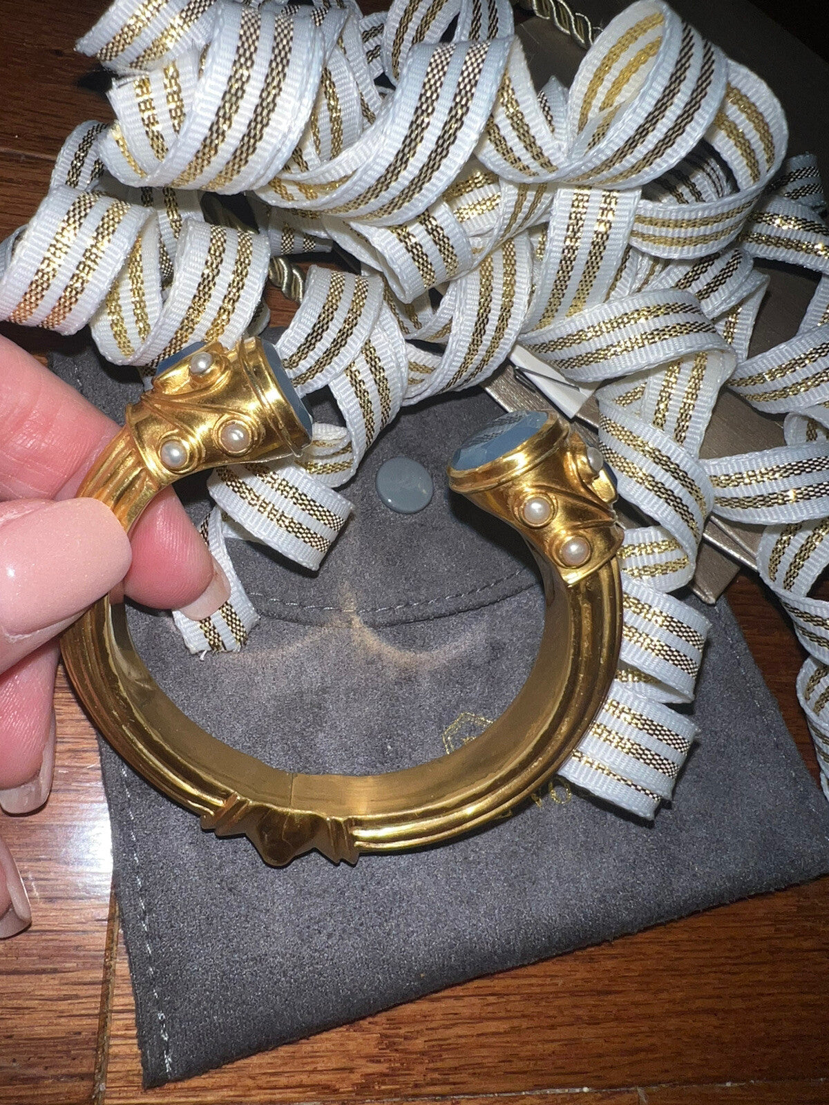 Julie Vos Blue & Pearl 24k Gold Plated Large Hinged Cuff Bangle Bracelet Julie Vos