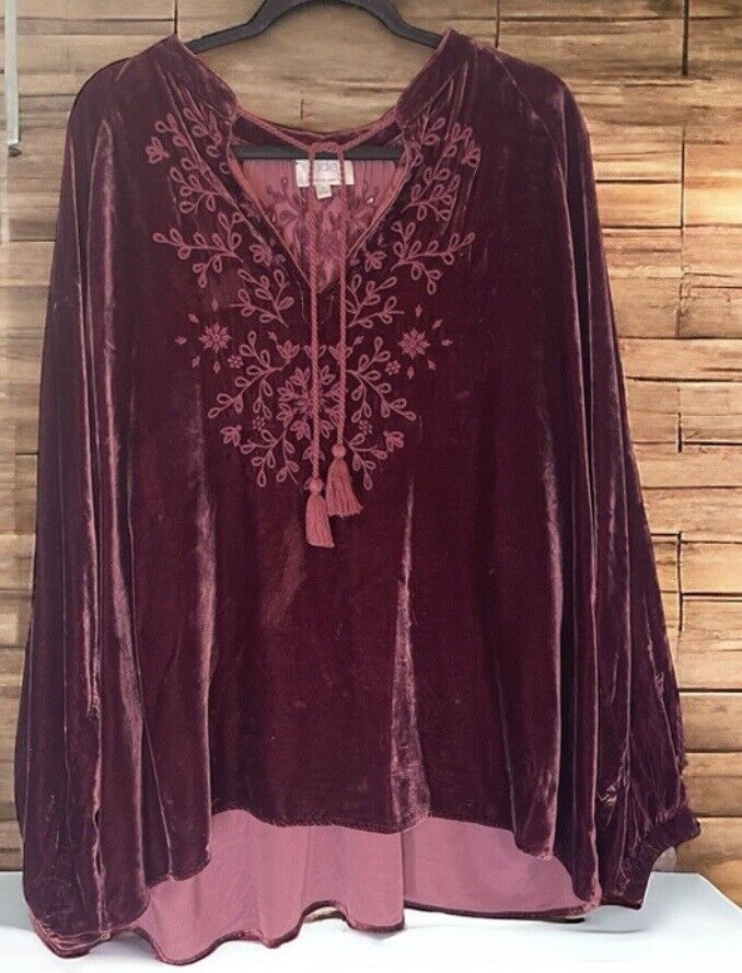 Johnny Was Burgandy Wine Velvet & Embroidered Tunic Top Kimono XL 1X 1XL