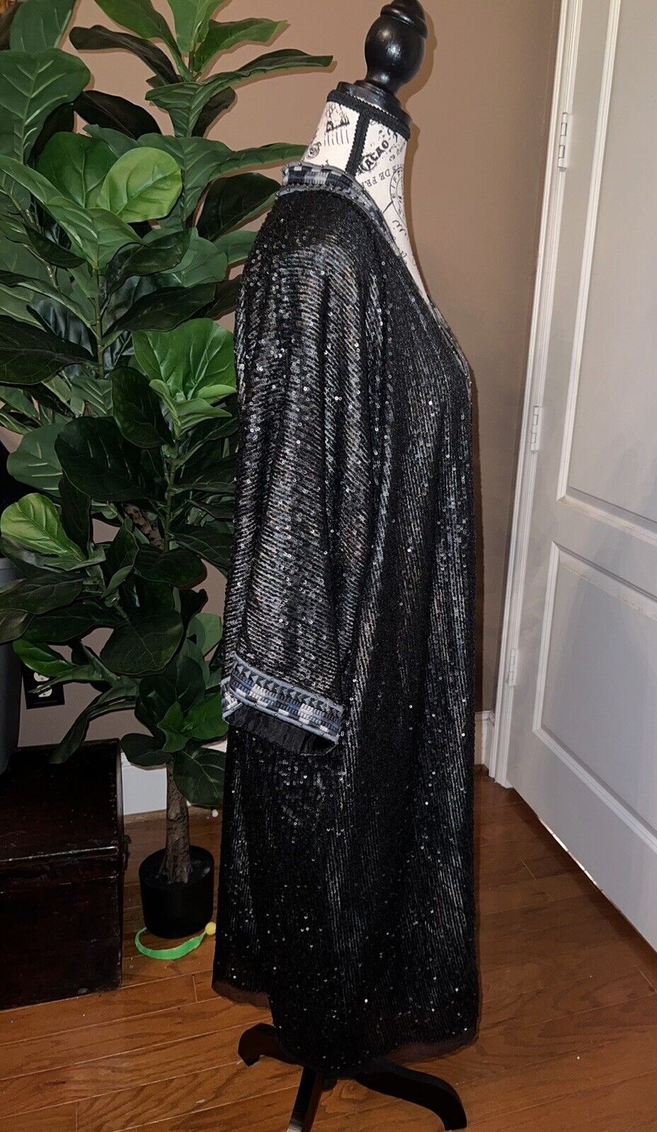 Johnny Was XL Long Silk & Sequin Black KIMONO Duster Wrap REVERSIBLE OVERSIZ