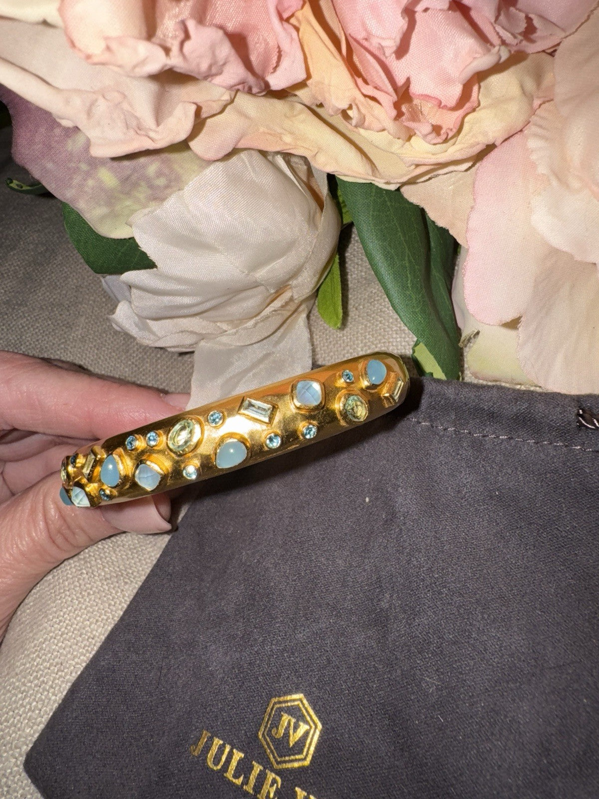 Julie Vos Hinged Bangle Bracelet Blue Iridescent Stones 24k Plated Julie Vos