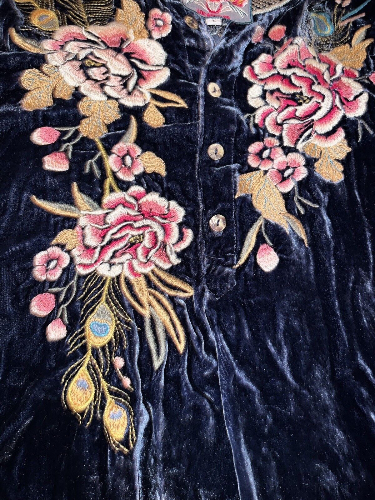 Johnny Was L Large Blue Velvet Kimono Mini Dress Peacock Feather Embroidery