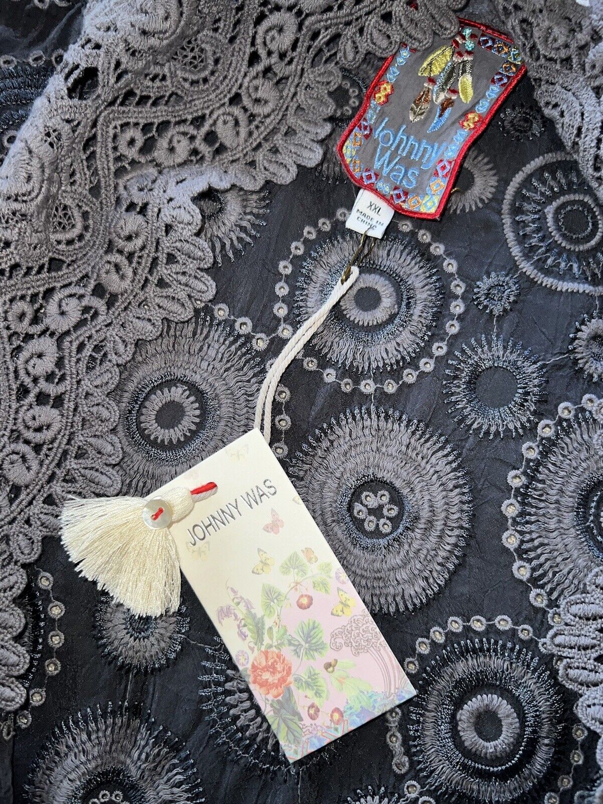 Johnny Was Sz XXL 2X Grey Kimono Duster Embroidered Wrap Eyelet Lace