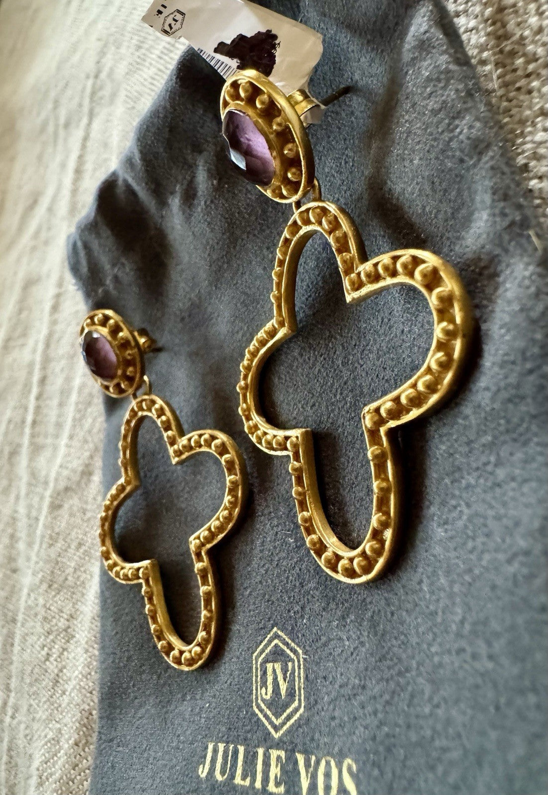 Julie Vos Plum Wine Purple Cross Statement Earrings 24k Gold Plated RETIRED Julie Vos