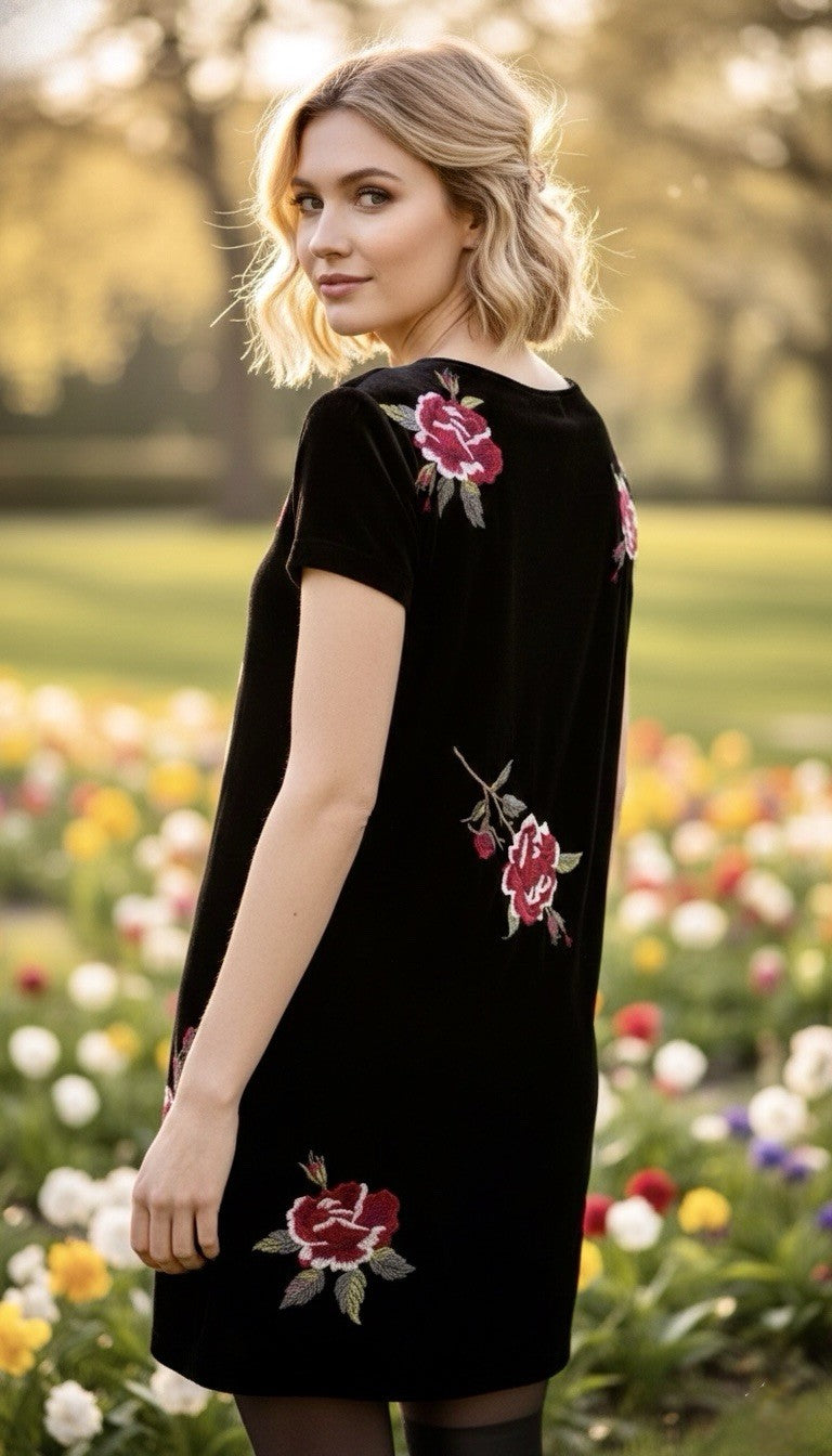 Johnny Was L Black & Pink Velvet Shift Mini Dress Embroidered Floral Tunic Top Johnny Was